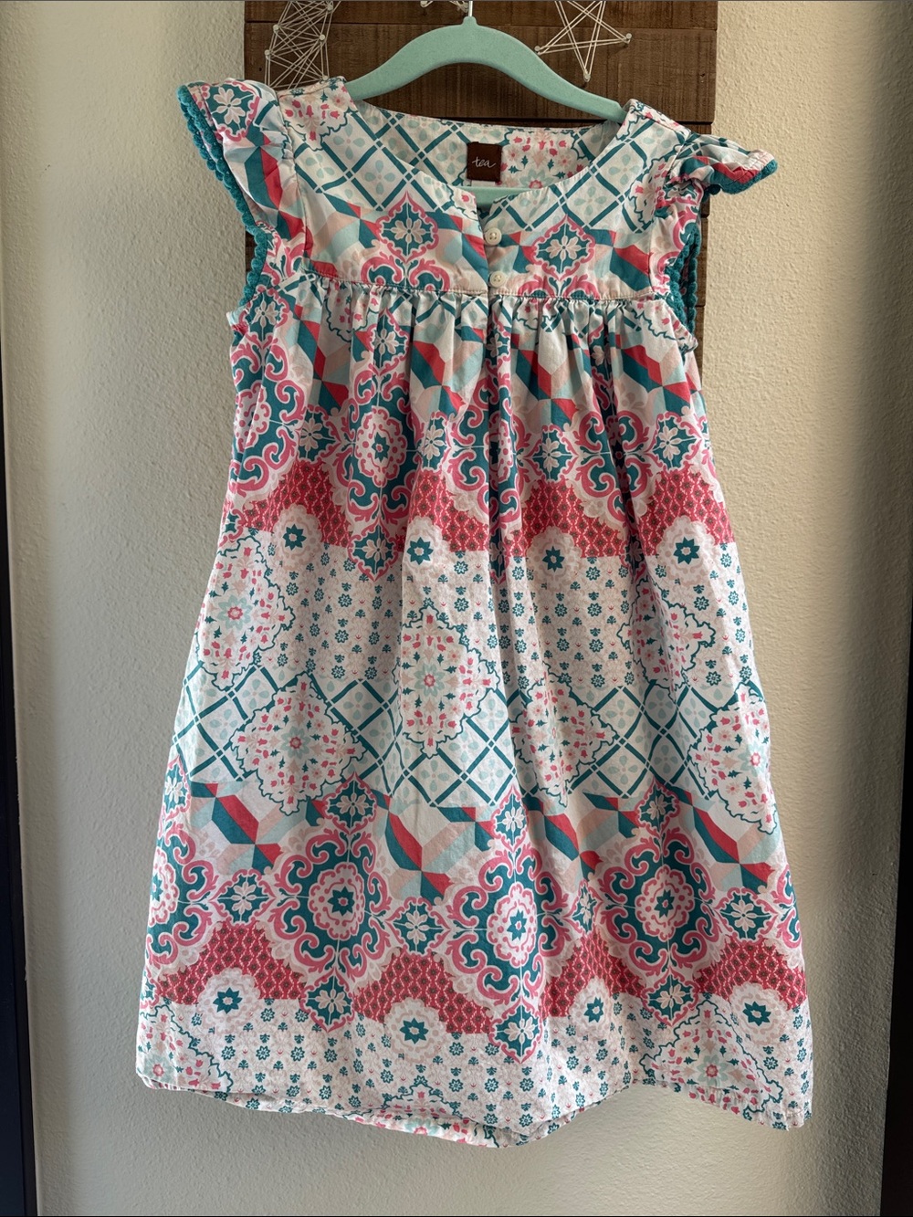 Tea Collection Coral and Teal Patterned Girls' Dress